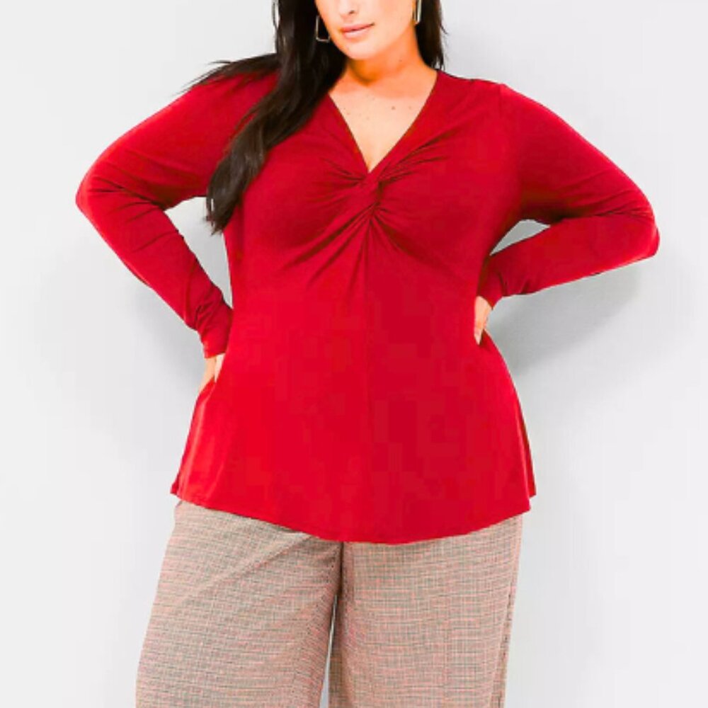 Lane Bryant Top Swing Blouse Women's Size 22-24 (3X) Cabernet Twist Front V-Neck
